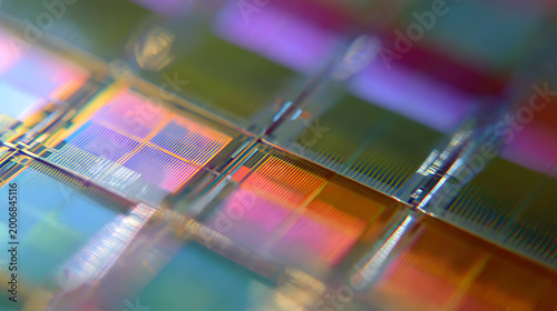 Macro view of microchips on a semiconductor wafer, showing intricate silicon patterns and colorful light refractions, abstract technology background