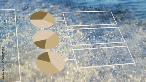 Binary box fading in, pies aligning, labels stacking, donut rotating, visualizing data over surf