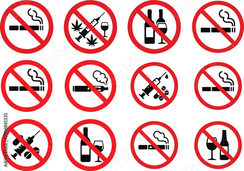 Sign prohibition vector illustration showing forbidden drugs, no smoking, no vaping, and no alcohol in red crossed circle, perfect for public areas, restricted zones, safety signage