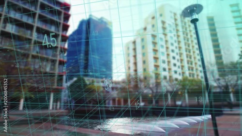 Fountain reflecting and teal wireframe sweeping as camera tilting, mapping plaza data skyline