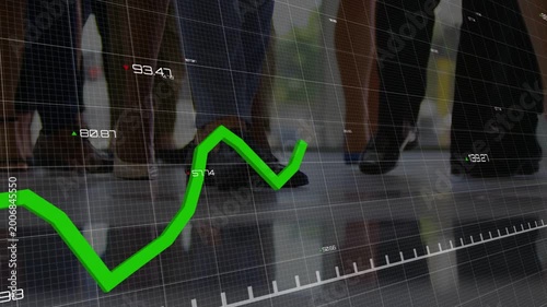 Green line chart entering from left, moving across legs, dipping and rising, visualizing markets
