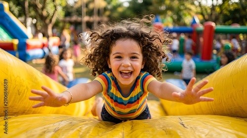 A joyful young girl with curly hair laughs excitedly while sliding down a bright yellow inflatable slide at an outdoor festival, celebrating Happy Children's Day with pure energy and fun.