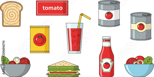Foto Diverse Tomato Based Food Product Vector Set Featuring Canned Tomatoes Juice Ket