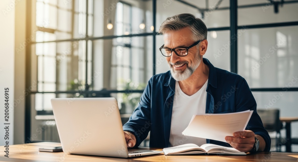 Obraz premium Mature man working on a laptop at an office desk while holding a document.