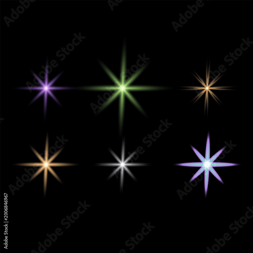 Six glowing star shapes with bright light rays in different colors