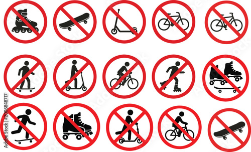 Ban rollerskate silhouette icon set featuring bike forbid pictogram, skateboard, roller skate, and kick scooter symbols, including permitted green icons and no allowed skating signs