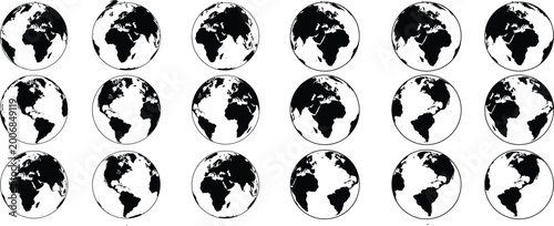 Set of earth globe illustrations rotating planet views world map blue planet black and white continents universe rotation spinning geography illustration collection