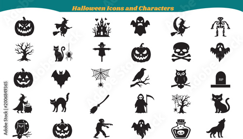 Foto Halloween Black Silhouette Icons and Spooky Character Collection Set, Spooky Hal