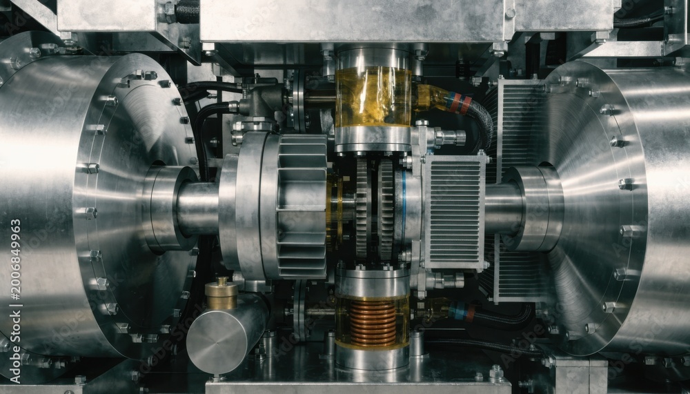 Fototapeta premium Medium shot of an oilcooled drive system where oil circulates through external coolers and radiators to maintain optimal temperature during highspeed operation.