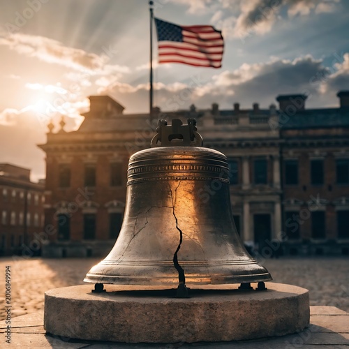Liberty bell with american flag in philadelphia at sunset