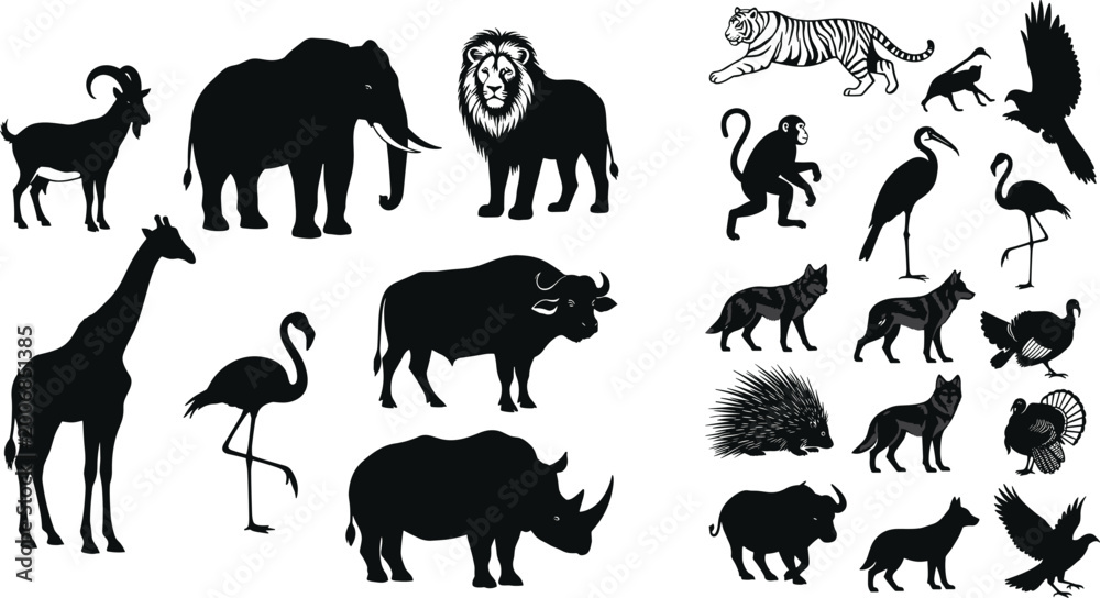 Obraz premium Wild animal silhouettes collection with mammals birds and safari wildlife including lion elephant giraffe rhino and exotic species
