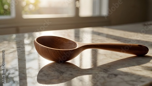 Wooden Ladle on Marble Countertop with Warm Sunlight Minimal Kitchen Background and Copy Space