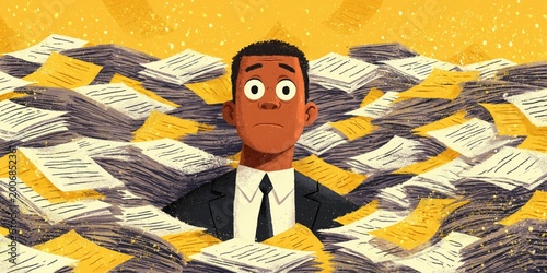 Man buried in pile of paperwork -- busy work employee