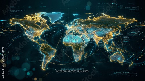 Futuristic world map with glowing data points and digital lines for World Population Day to illustrate interconnected humanity and global link
