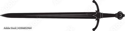 Foto Black silhouette of a medieval sword with a crossguard and pommel on a white bac