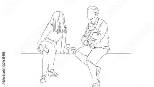 Schilderij op canvas Dog sitting with couple on date night, wearing bow tie, line art sketch showing
