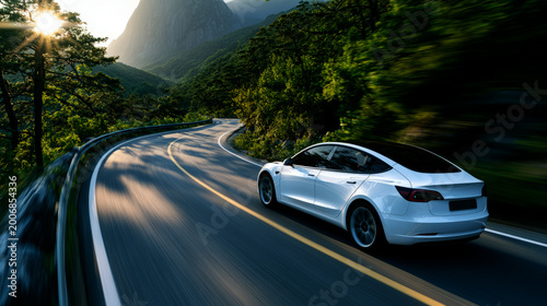 EV (Electric Vehicle) electric car is driving on a winding road	
