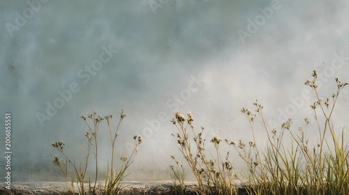 Delicate wild grasses and white blooms frame a soft textured atmospheric backdrop under muted natural lighting