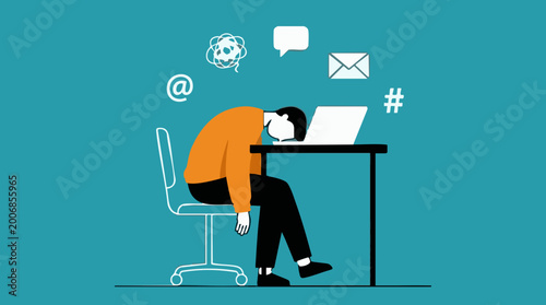 Tableau sur toile Employee suffering from burnout and digital overload at work desk with laptop
