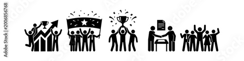 Fotografie Business success and achievement icon set featuring silhouettes of people celebrating with trophies, rising charts, banners, handshakes, and cheering crowds representing teamwork and growth