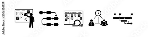 Photography Professional set of agile project management icons featuring Kanban boards, flowcharts, sprint cycles, resource allocation, and timelines for business strategy and planning presentations