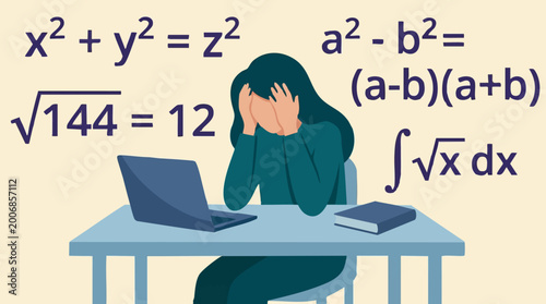 Foto Overwhelmed Student Struggling with Mathematics Homework and Equations