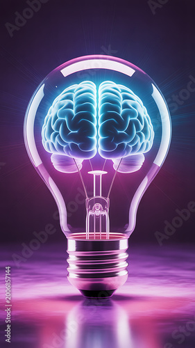 A glowing light bulb with a stylized brain inside illuminates a dark room with vibrant purple and blue hues.