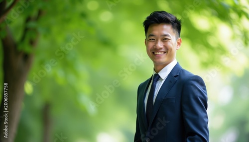 Young Asian man wears dark suit and tie outdoors. Smiling professional stands in soft focus green park background. Represents career growth success and new beginnings in nature.