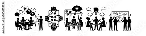 A set of black and white vector icons illustrating business teams collaborating, brainstorming new ideas, and solving complex problems together in a modern office environment.