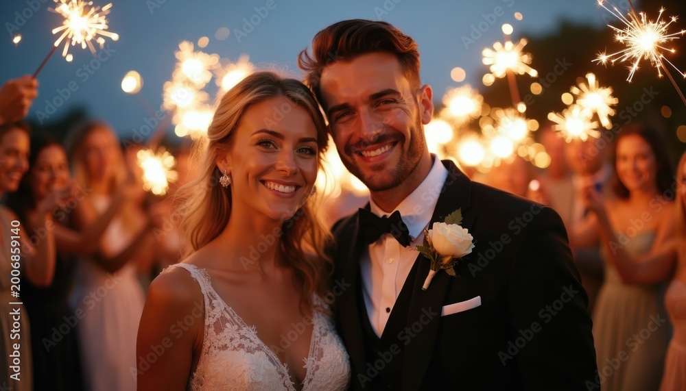 Obraz premium Newly married couple smiles holding sparklers at night. Guests celebrate with friends and family. Romantic wedding party atmosphere fills the evening.