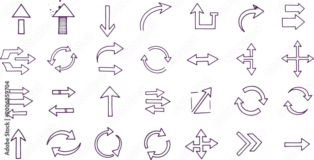 Fototapeta premium Collection of purple outline arrows on transparent grid background, versatile graphic elements.