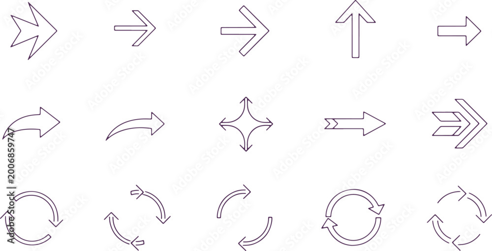 Obraz premium Variety of purple arrow icons on transparent background, modern and clean design elements.