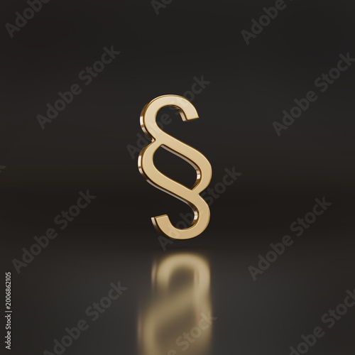Three-dimensional golden law paragraph symbol on dark background. 3d illustration.