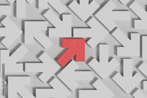 Red arrow among other white arrows in three dimensions. 3D illustration.