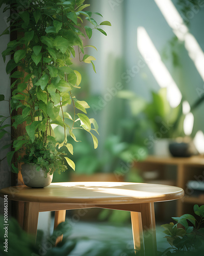 A serene indoor garden scene with a potted plant on a wooden table surrounded by lush greenery and natural light pouring in through a window.
