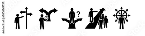 Vászonkép Set of black stick figure icons representing leadership, decision-making, choosing a direction, navigation, and guidance in business and life