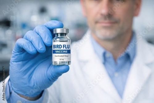 A healthcare professional holds a vial of bird flu vaccine, ready for use