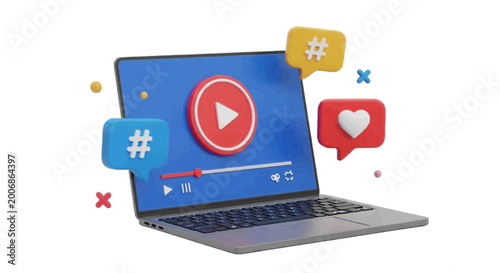 Vector illustration of 3d laptop with video player interface and social media icons on a transparent background
