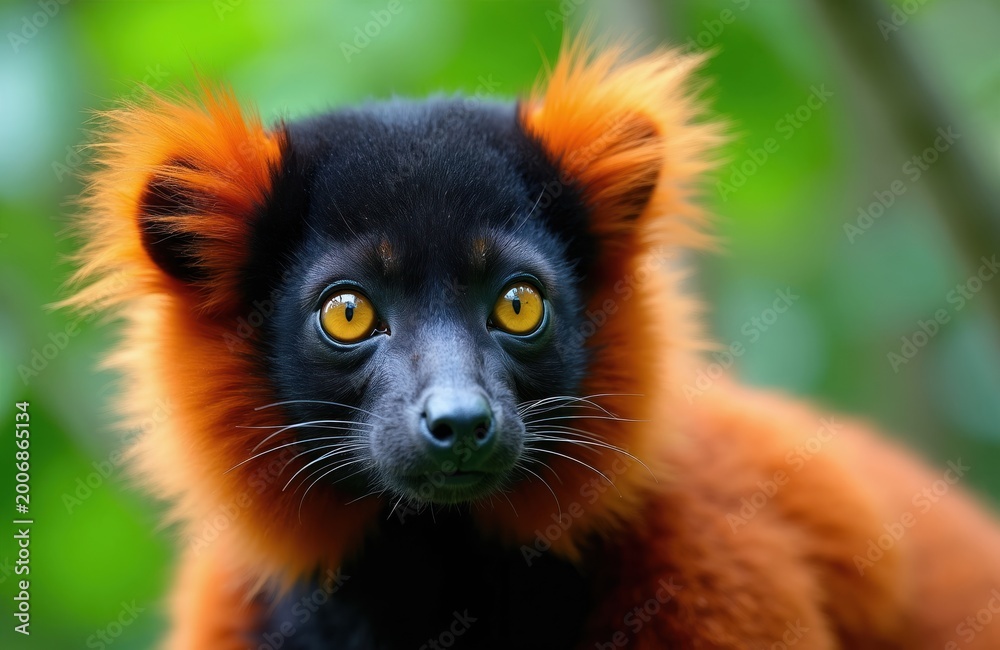 Obraz premium Close up portrait of red ruffed lemur with bright yellow eyes. This striking primate has black face and ears with fluffy orange fur accents. Captive wild animal.