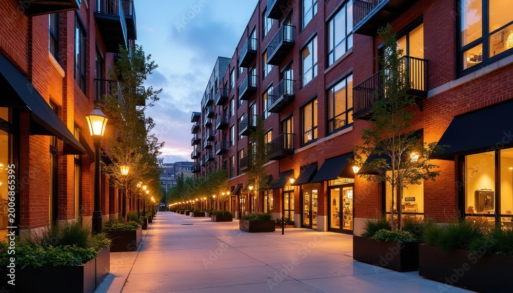 Naklejka premium Modern brick apartment building with shops on ground floor lines pedestrian walkway at dusk. Balconies and illuminated windows add warmth to urban street scene. Streetlights glow warmly.