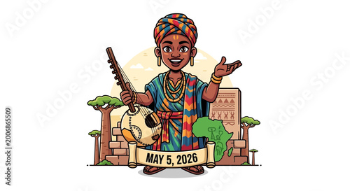 african farmer mascot holding hoe and corn celebrating may 5 2026 in flat design vector illustration