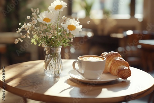 Cozy cafe breakfast with coffee and croissant
