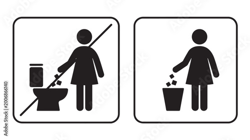 Quadro su tela Signs hygiene set with woman using toilet and throwing trash featuring sanitatio
