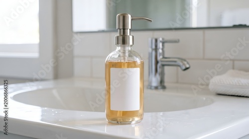 Bottle of soap on bathroom sink.