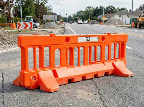 A bright orange barricade placed on the side of a road, possibly for construction or maintenance