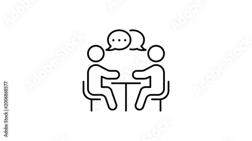 Business Meeting Discussion Animated Icon With Alpha Channel. Two People At Table With Speech Bubbles Showing Conversation And Communication Motion Graphic Icon On Transparent Background