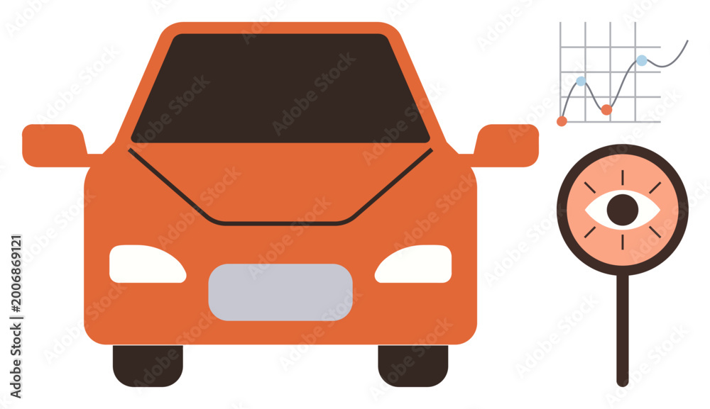 Naklejka premium Autonomous cars, AI technology, automotive innovation, data detection, vehicle monitoring, traffic safety. Image an orange car, an eye symbol and an analytics chart. s autonomous cars and AI