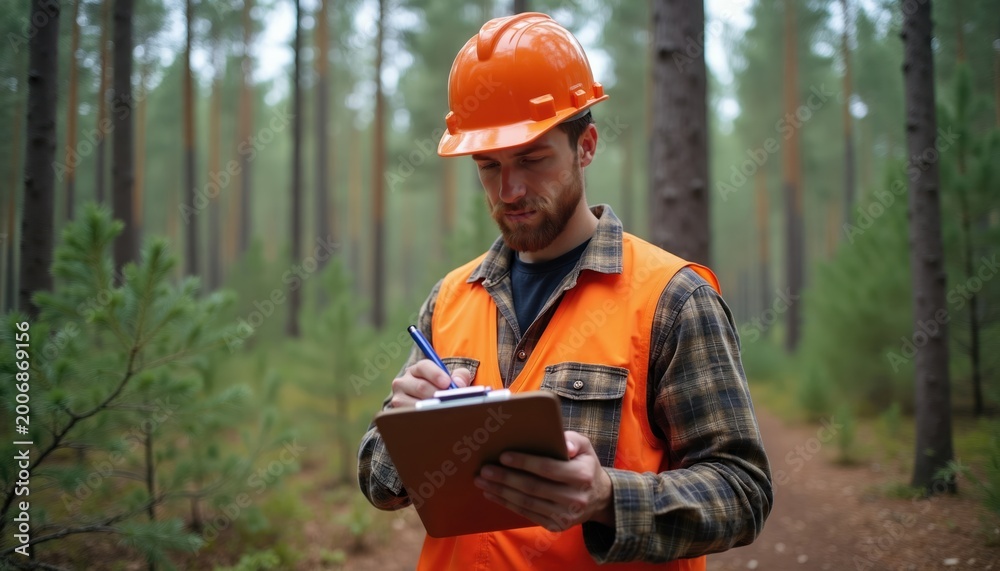 Fototapeta premium Forest worker in hard hat and vest writes on clipboard in pine woods. Male forester checks trees, plans logging, works in natural green forest. Outdoor rural forestry occupation.