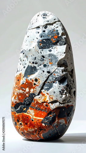 A colorful stone sculpture with orange, black, and white patterns