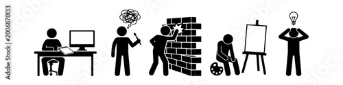 Φωτογραφία Stick figure pictograms depicting the creative process, showcasing mental block, frustration with a blank canvas, hitting a brick wall, and the final breakthrough 'aha' moment with a lightbulb
